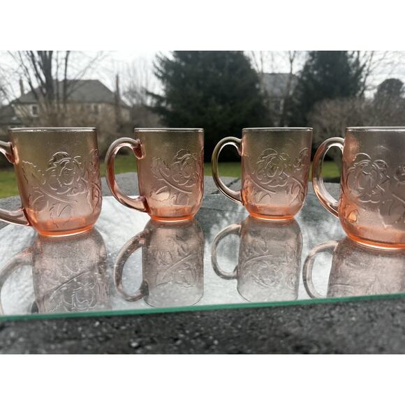 Vintage Arcoroc France Rosaline 8 Oz Pink Glass Rose Coffee Mugs ~set Of 4 - Picture 8 of 14